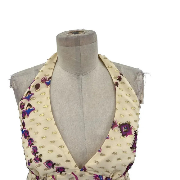 Tibi Cream Purple Floral Paisley Metallic Halter Mini Dress Size 6‎ - Picture 3 of 14
